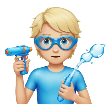 Blond 18 year old boy, with blue eyes, wearing swim goggles, normal clothes, holding a water gun sticker