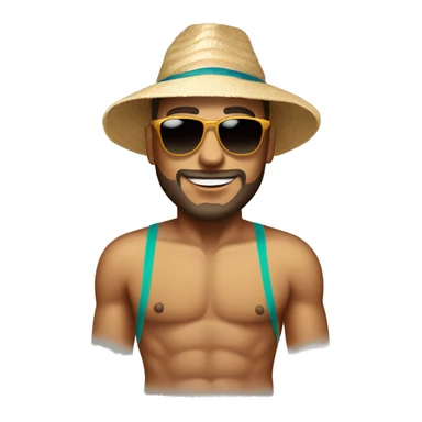 Man wearing sunglasses and beach hat and a swimsuit sticker