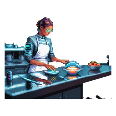 A sleek cyborg baker using holographic ingredients and laser precision. The kitchen is a fusion of chrome, glass, and neon. Interface elements float like holograms, with glowing edges, translucent layers, and tactile feedback illusions. sticker