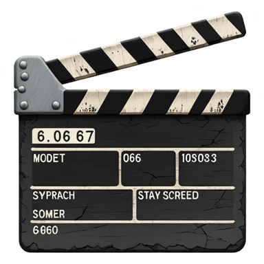 Minimalist emoji-style sticker of a cracked movie clapperboard with the date “06/06/66”, faint scorched marks, all in grayscale


 sticker