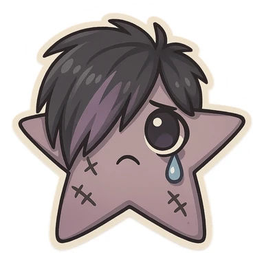emo star, chibi style, black and purple, stitched, teardrop, dramatic shadows, big eyes, pastel palette sticker