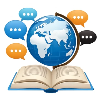 An icon showing a globe surrounded by speech bubbles with greetings in different languages, like 'Hello,' 'Hola,' and 'Bonjour.' The design includes an open book and a quill, symbolizing learning and communication. Transparent background emphasizes global connection through language. sticker