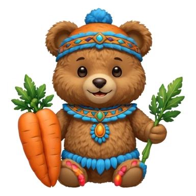 teddy bear half body, wearing blue mayan ancient custome, with carrot half body sticker