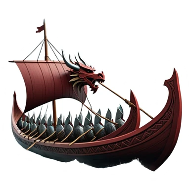 detailed-cinematic-viking-longboat, rendered in a flat, bold vector style with minimal shading, featuring a striking dragon-headed prow slicing through waters. shields on the side and vikings rowing The longboat’s, the boat has carved motifs evoke a sense of epic adventure and Nordic might, with billowing sails catching a dramatic, stormy sky backdrop. sticker