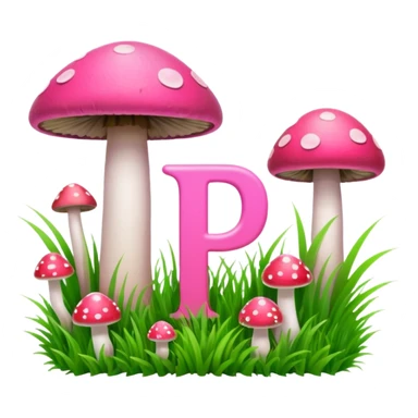 P and P letter, pink and green, with grass growing, mushrooms around sticker