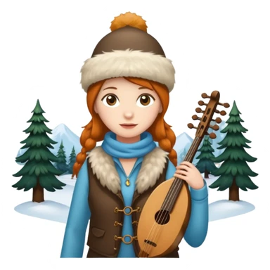 "Girl 👩🏻‍🦱 in fur hat 👒🦊 and vest 🧥, standing in snow ❄️🌲, holding a Bashkir dombyra 🎶 (long-necked two-string folk instrument). Emoji style." sticker