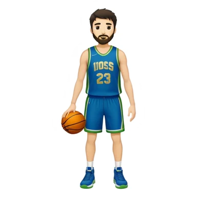 Full Body  white male basketball player with short shaggy dark hair and gold tee beard wearing blue and green uniform sticker