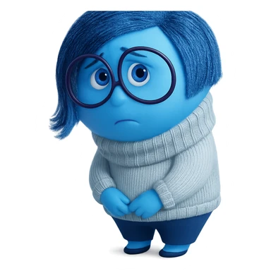 Sadness from Inside Out character, standing with a sad expression, blue skin, short blue hair, glasses, Pixar style sticker