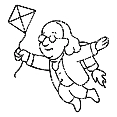 hand-drawn black outline icon of Ben Franklin with jetpack, left hand holding diamond kite, right arm outstretched in flight, minimalist startup logo sticker
