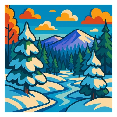 Siberia landscape, snowy forest, vibrant cartoon style sticker