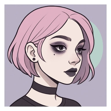 Make this pastel goth profile picture more goth, keep it cute, expressive, and minimal, in the style of imagen-4-fast-KaUtLiSA10F. Enhance goth elements with subtle dark tones and pastel goth aesthetics while maintaining cuteness and expressiveness with minimalistic design. sticker