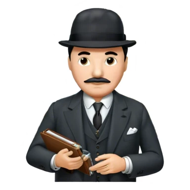 A cinematic-style frame showing Hercule Poirot in his iconic suit with a notebook in a dramatic detective pose. Background should be mysterious city, map, a board with photos of suspects, clues like fingerprints. Transparent background. sticker