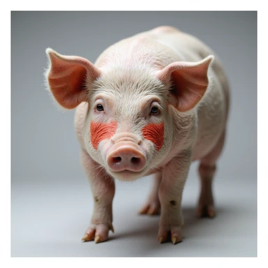 Realistic pig on isolated white background, thyroid area on neck highlighted in red, clear anatomical details, hyperrealism, 4K quality, front view sticker