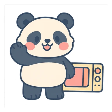 fluffy panda in chibi style, with microwave oven details, blushing and waving, soft pastel colors, full-body sticker