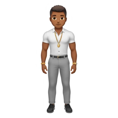Handsome Black guy with brown skin tone, with lean muscular build, wearing gray slacks, a white button up top, black shoes, and a small gold chain sticker