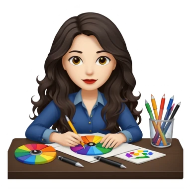 female dark wavy long hair graphic designer , color wheel, pens, papers , desktop sticker