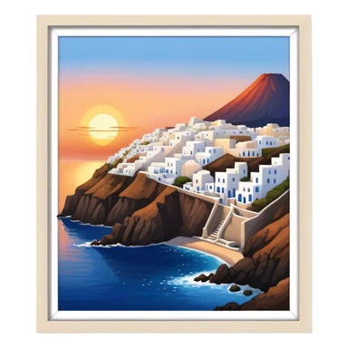 Cinematic Realistic Santorini Caldera Landmark Emoji, featuring white-washed buildings perched on volcanic cliffs, overlooking the deep blue Aegean Sea, with warm sunset hues illuminating the sky and reflecting off the water. sticker