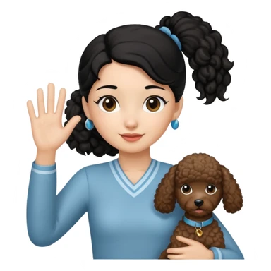 Ponytail black hair girl with brown Poodle say goodbye  sticker