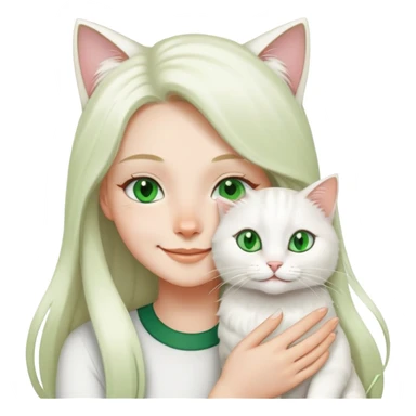 girl holding a long-hair cat and smiling, the cat is white and its eyes are green sticker