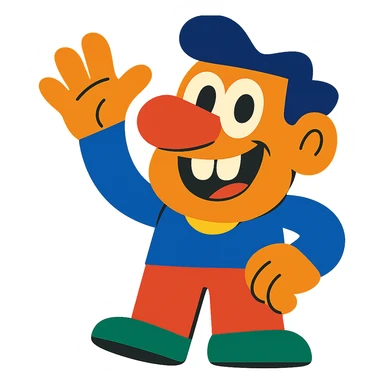 a cheerful character with a big nose, buck teeth, and waving hand, cartoon style, vibrant toon, colorful and lively illustration sticker