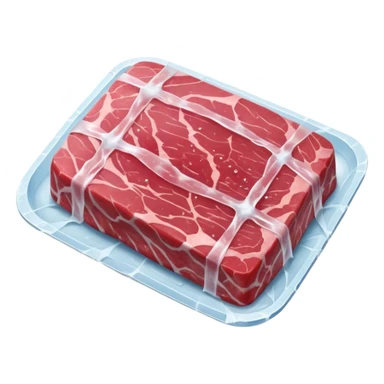 single raw meat cut steak or filet wrapped in thin layer of frosty plastic film with visible ice crystals slightly opaque surface pink to red meat with subtle marbling stiff edges frozen solid no tray no label no extras soft lighting subtle shadows emoji scale sticker