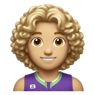 whitw boy with curly medium lenght hair with a trophy sticker