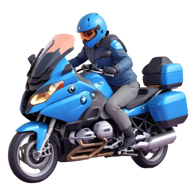 blue BMW R 1200 RT touring motorcycle with rider on road sticker