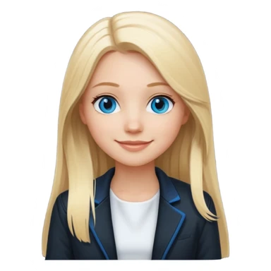 A white girl with long straight blonde hair, blue eyes and a white dress with a smiling black jacket sticker