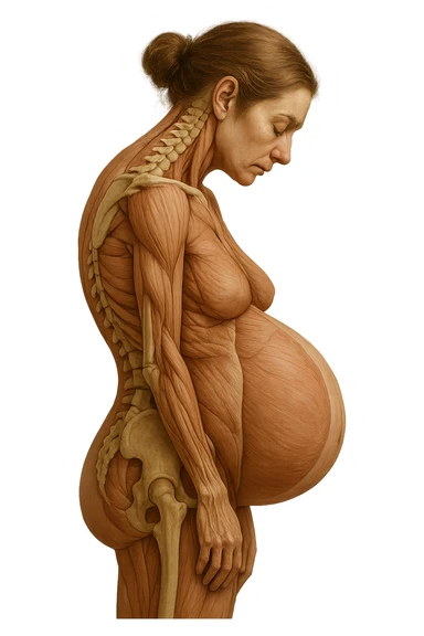 donna in gravidanza di profilo con spina dorsale in evidenza, postura storta, spalle chiuse in avanti, iperrealistica 4k sticker