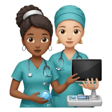 black female doctor and caucasian ultrasound technician without white coat performing a fetal ultrasound  sticker