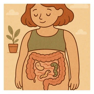 educational cartoon drawing anatomical section of female body, intestine with few stylized non-disturbing parasites, soft colors, friendly atmosphere, 4K resolution sticker