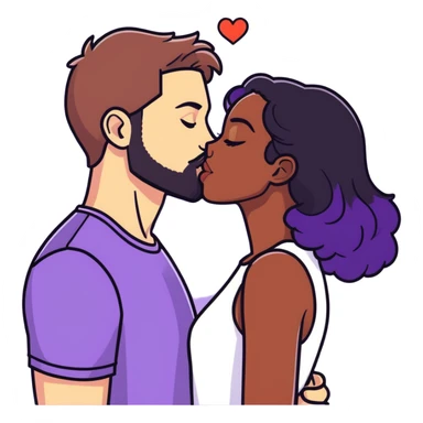 White guy with brown hair and beard kissing black girl with black and purple hair. Make them the same height sticker