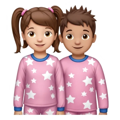 A toddler girl with brown hair with two pig tails, wearing pink pajamas with white stars on them. With a 4 year old boy with spikey brown hair, wearing blue pajamas with white stars on them. Both light skin and smiling. Both with a mix of big and small white stars on the pajamas  sticker