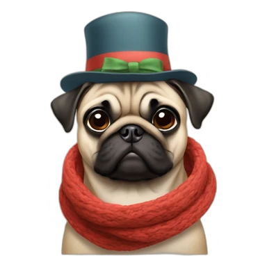 pug wearing a little hat and scarf sticker