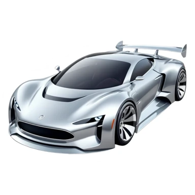 A low-profile futuristic car emoji made of polished silver chrome, wide body stance, smooth aerodynamic shape, glossy metallic surface, soft reflections, luxury swag aesthetic, minimal details, iOS emoji style, centered on clean white background, studio lighting sticker