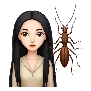 beautiful pale woman with long black hair next to one brown stick bug sticker