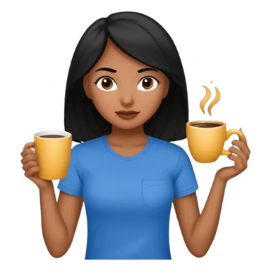 Cabelo preto para frente mais ou menos batendo no peito quero uma xícara de café bem bonita na mão aquelas xícaras bonitas quero ela com uma camiseta azul quero ela morena olhos pretos sticker