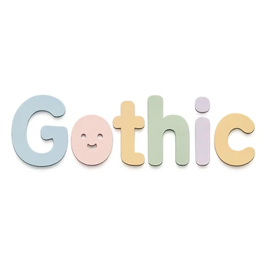 "Gothic" in soft pastel rainbow rounded sans-serif font, kawaii, no outline, 3D paper-craft effect sticker