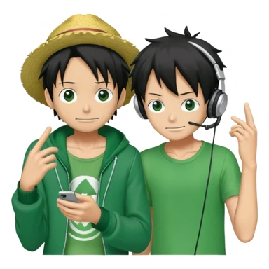Green Luffy and green Alastor listening to music together sticker