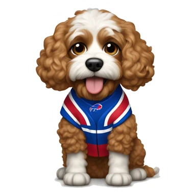 Cavapoochon dog wearing a buffalo bills jersey sticker