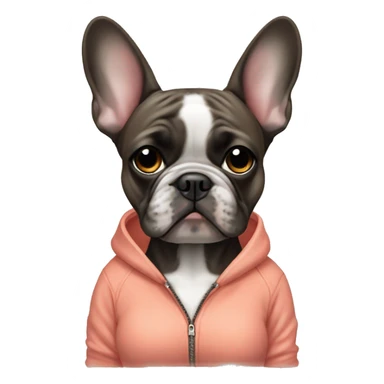 Brindle girl Frenchbulldog wearing a sweatshirt sticker