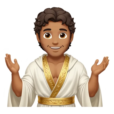 Cinematic Realistic Hercules Portrait, head tilted playfully and inquisitively, capturing the spirit of a timeless Greek hero with a warm, inviting smile. His bronze, marble-like skin and thick, wavy dark hair are rendered with classical precision, while his flowing white robe with delicate golden embellishments accentuates his muscular form. Soft natural light brings out the playful yet powerful essence of this legendary figure. sticker