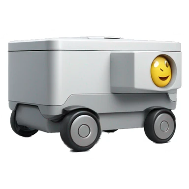 solid horizontal rectangle gray delivery robot with white circle white led eyes and opening lid on 4 wheels with food, minimalistic design sticker