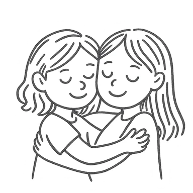 Two girls in a loving embrace, hand-drawn icon with black outlines, no fill sticker