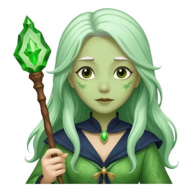 Woman with green skin color with long hair white color and carrying a magic wand sticker