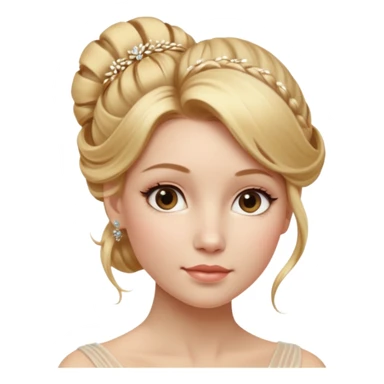 Cinematic Realistic Rococo Portrait, depicted with lifelike skin texture, subtle rosy undertones, and soft natural lighting that enhances the gentle contours of her face. Her intricately detailed golden blonde hair is elegantly styled in an updo, with delicate wisps framing her face.  sticker