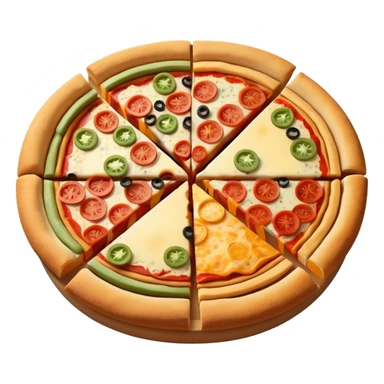 3d pie chart whith pizza as base and different colored unequal slices sticker