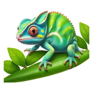cinematic cute-smiling baby chameleon-realistic emoji,-blending-with-vibrant-greenery.-detailed-scales-in-shifting-colors,-showing-the-chameleon’s-ability-to-camouflage.-soft-natural-light-highlights-its-texture.-light-background, zoomed into its face sticker