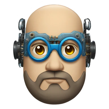 Bearded Fat bald cyborg head with tan skin, blue steampunk goggles and circuits sticker