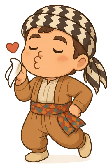 Create a chibi Kurdish cartoon sticker based on the reference image, showing a kissing (sending a kiss) expression, with a transparent background. sticker